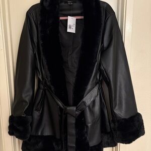 F21+ Faux Fur Trim Faux Leather Coat